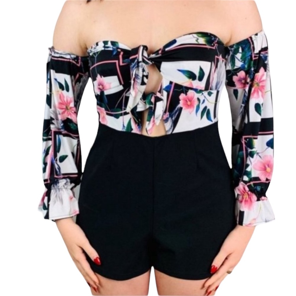 NEW Akira black and white floral romper xl shorts off the shoulder sexy